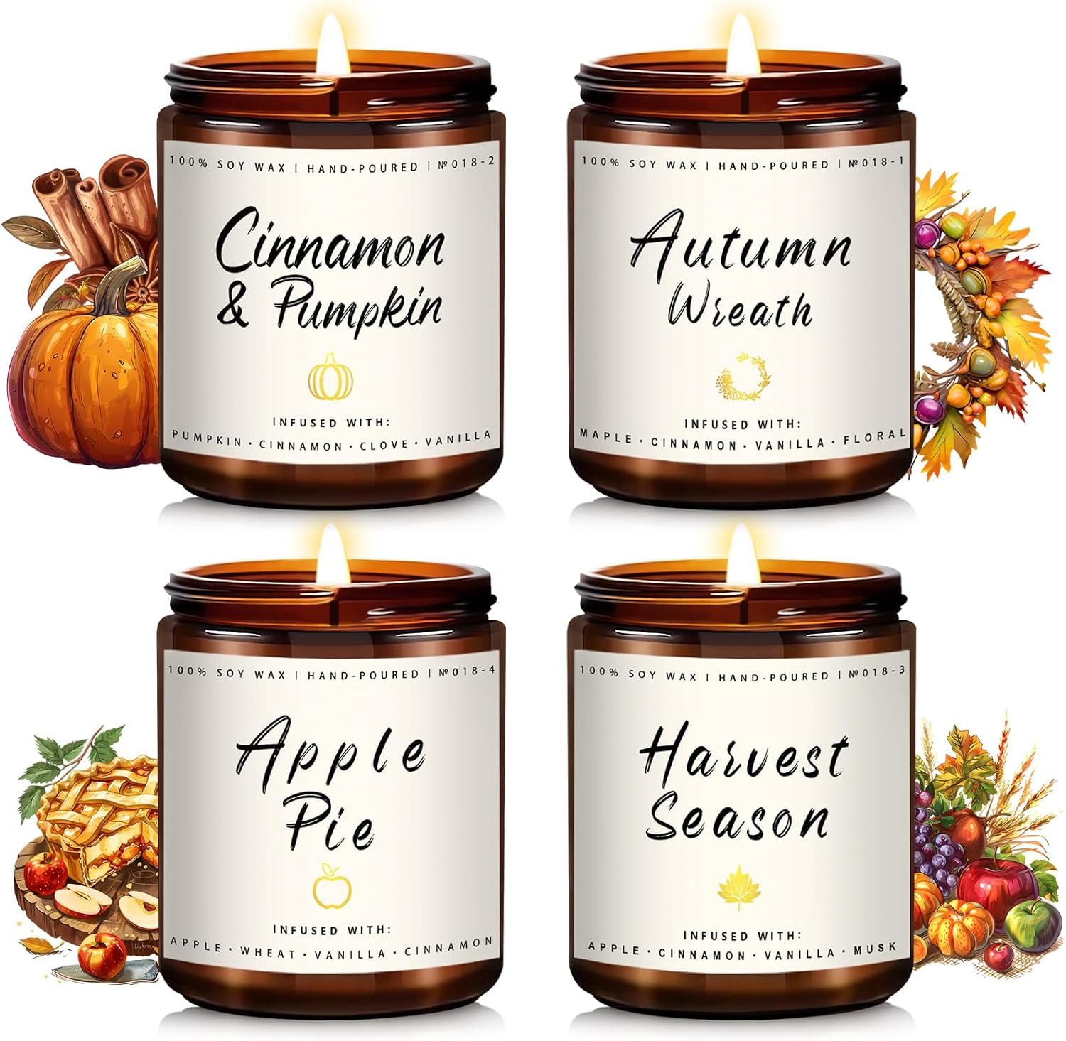 Fall Candle Set | 4 Pack Scented Candles for Home - Candle Gifts for Women Men, Soy Candles Home Scented | Autumn Candle Scents of - Apple Pie/Cinnamon/Harvest/Wreath