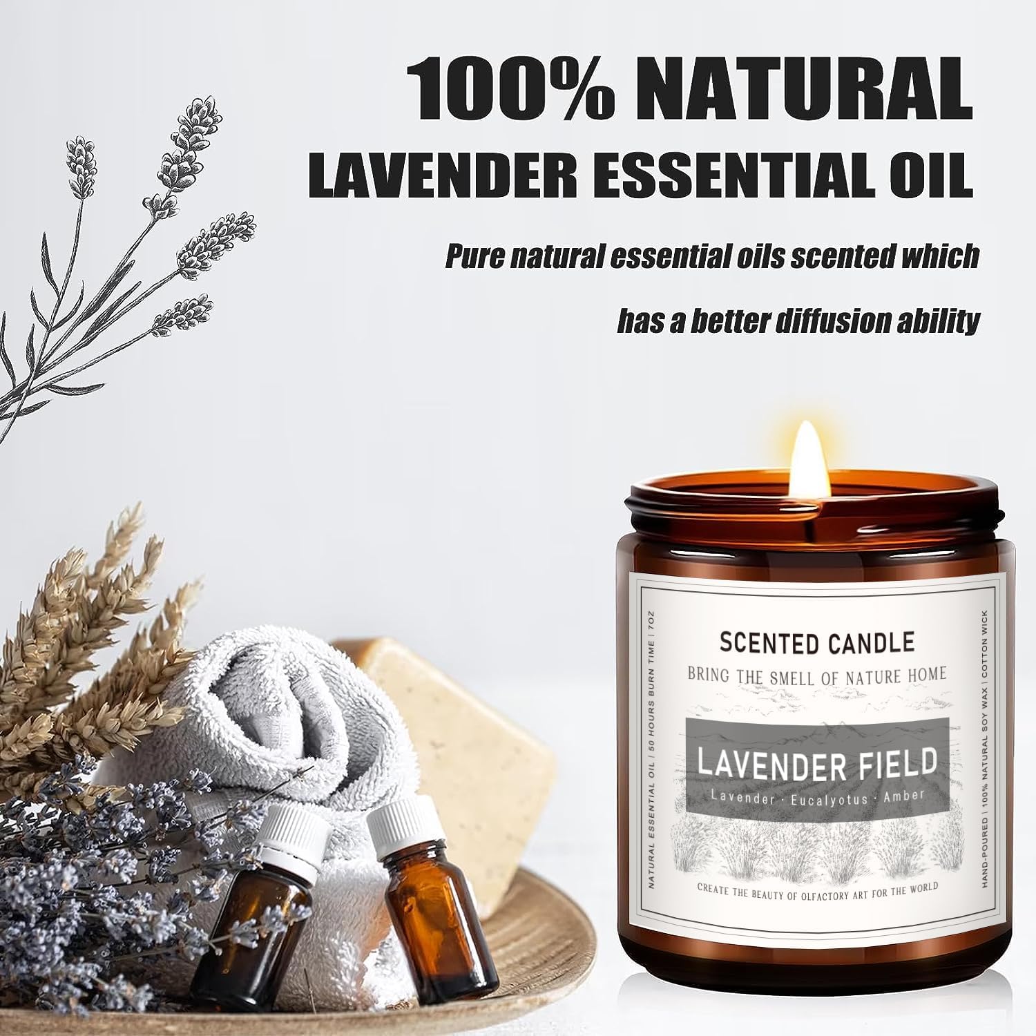 Lavender Candle, Candles for Home Scented, Scented Candles, Soy Candle, 7 oz 50 Hour Long Lasting Aromatherapy Amber Jar Candles for Women Birthday Present