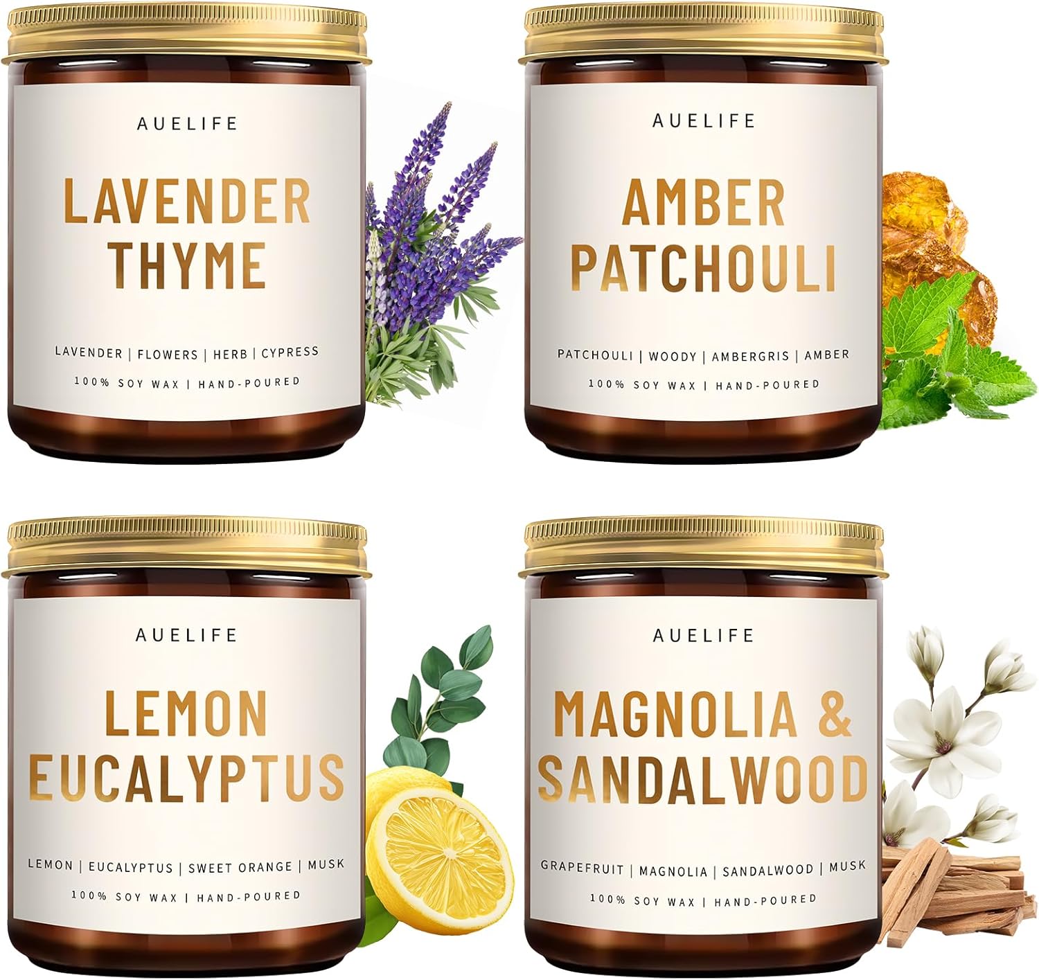 4 Pack Scented Candles Set | Scented Candles for Home, Candle Gifts for Women Men, Soy Candles for Home Scented - Candles Scent of Amber Patchouli/Lemon Eucalyptus/Lavender Thyme/Sandalwood
