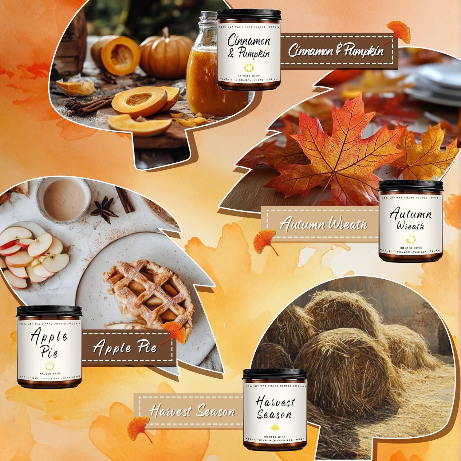 Fall Candle Set | 4 Pack Scented Candles for Home - Candle Gifts for Women Men, Soy Candles Home Scented | Autumn Candle Scents of - Apple Pie/Cinnamon/Harvest/Wreath
