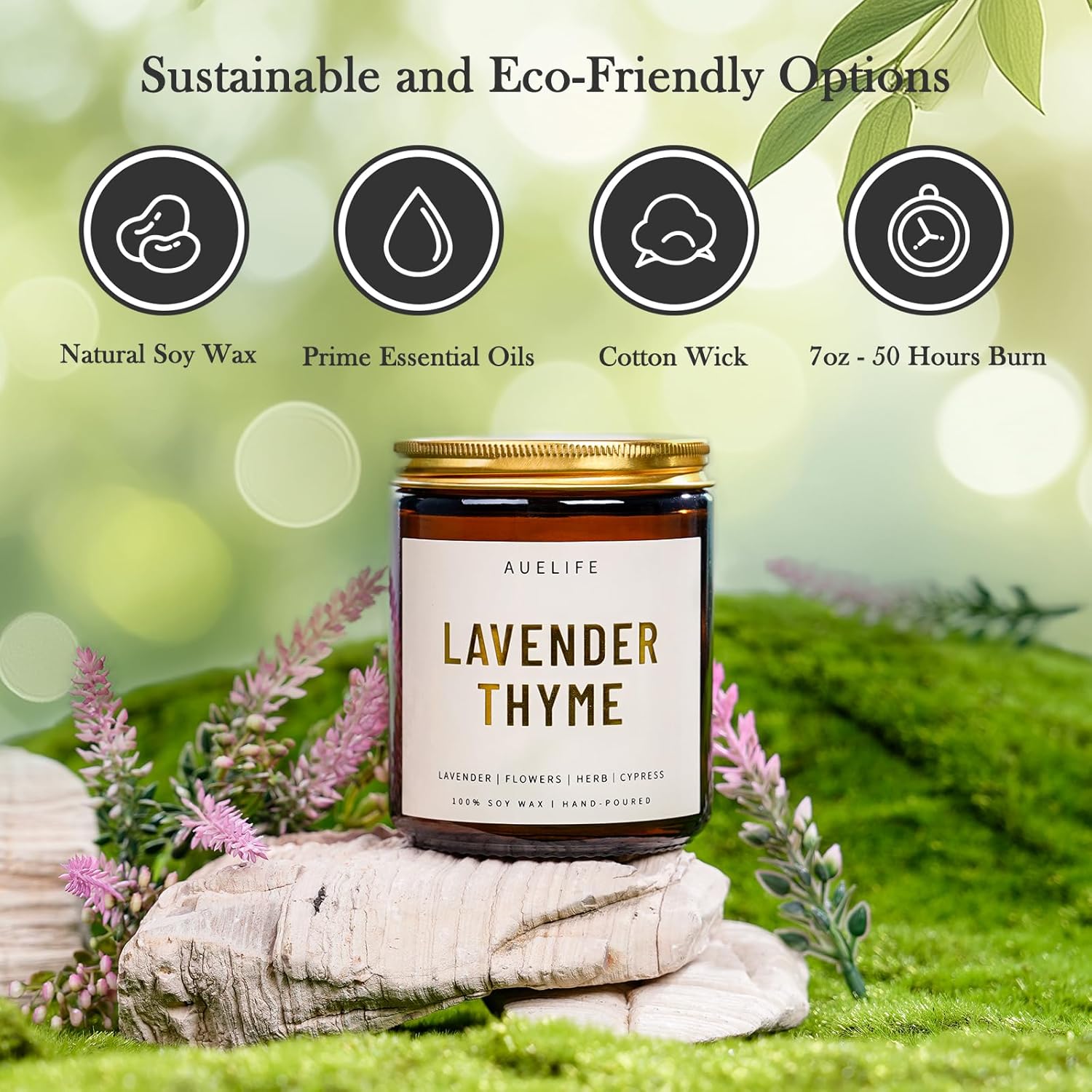 Scented Candles for Home - Lavender & Thyme Scented Candle | Aromatherapy Candles, Soy Candles for Home Scented, 7oz Amber Jar Candles Gift for Women & Men