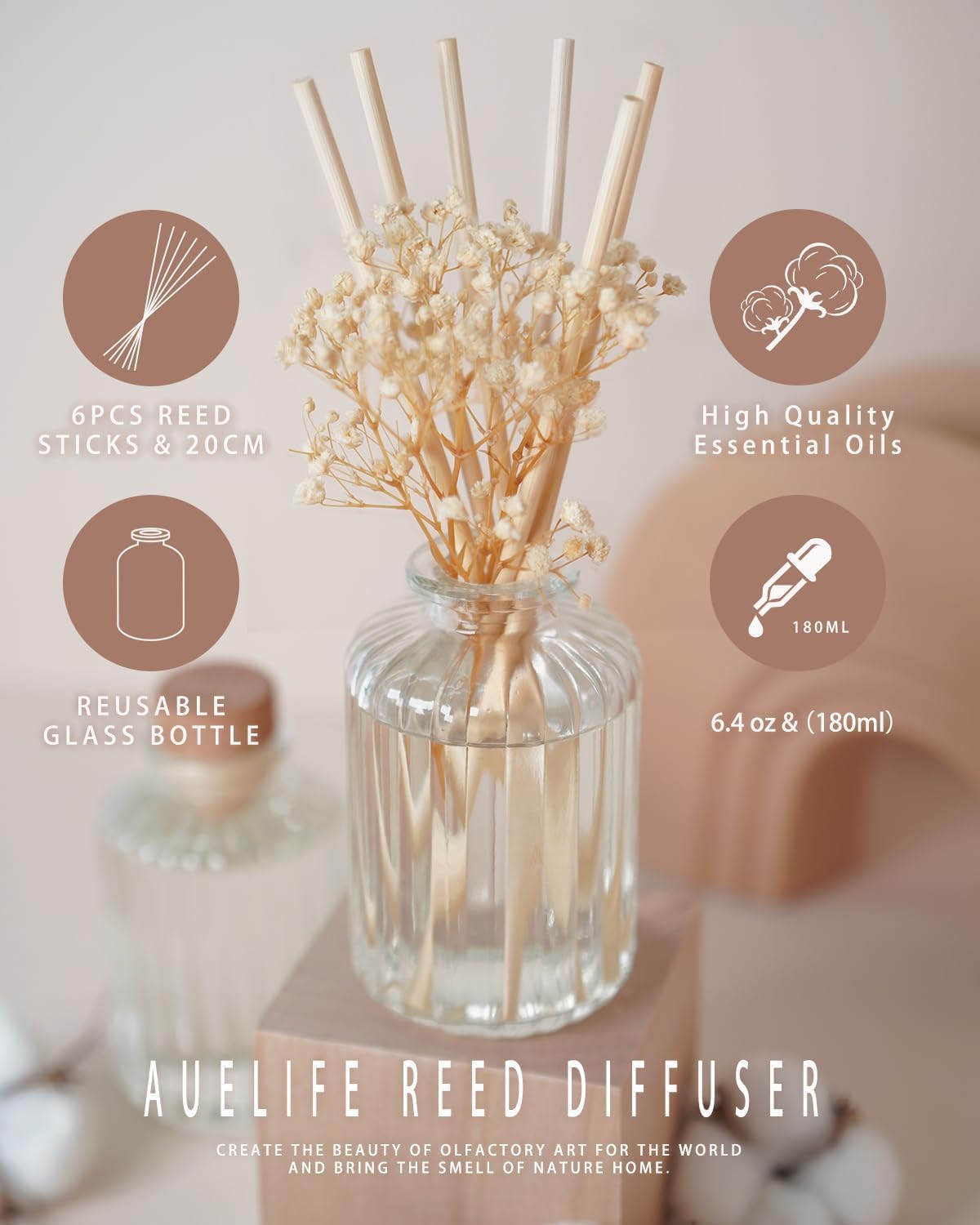 Auelife Reed Diffuser Set, 6.4 oz White Jasmine Scented Diffuser with Sticks Preserved Real Flower Reed Diffuser Home Fragrance Essential Oil Reed Diffuser for Bathroom Shelf Decor