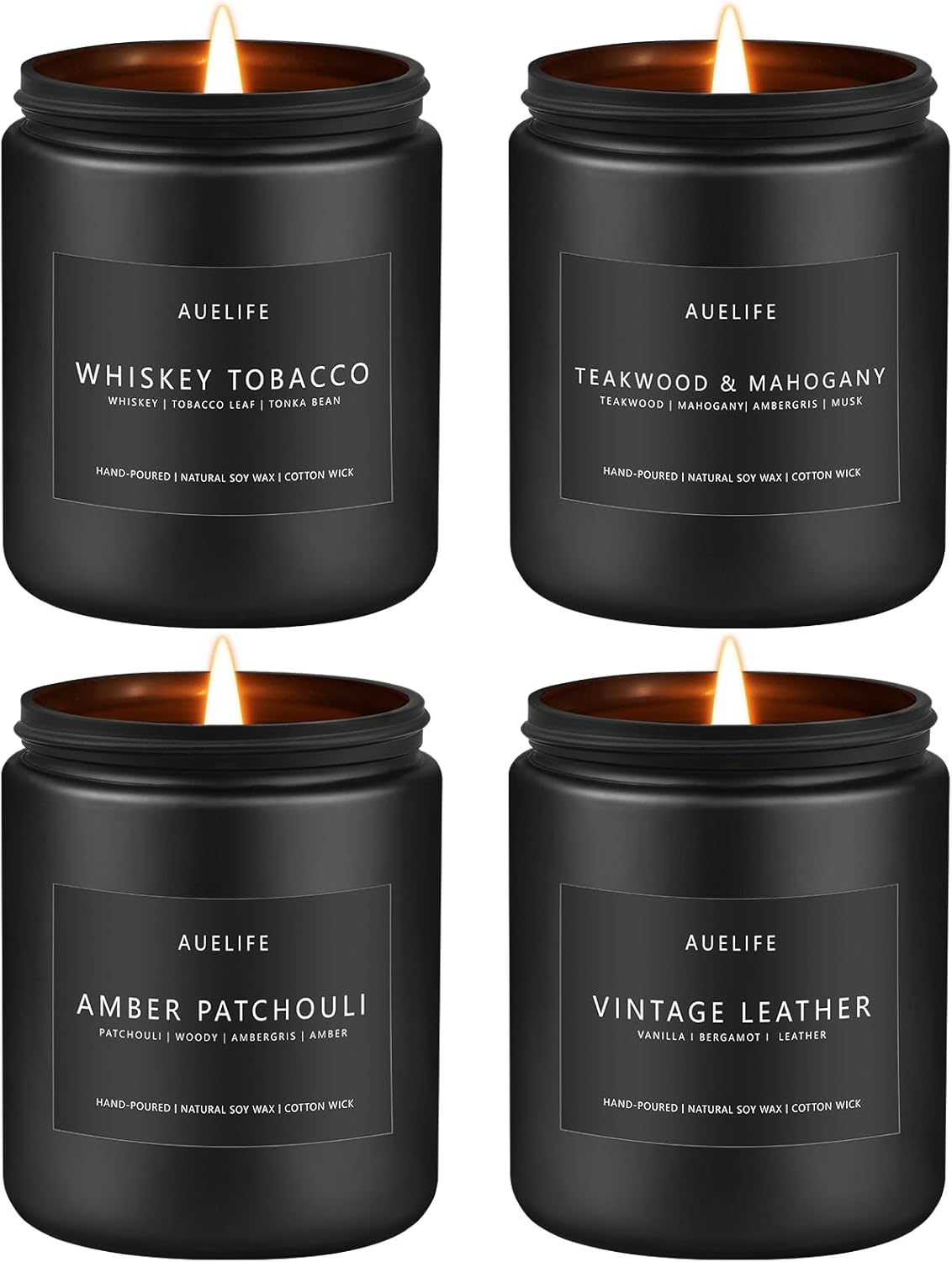 Scented Candles Set | Gifts for Men - 4Pack Candle Set - Masculine Candle, Soy Candles for Home Scented, Aromatherapy Candle Scents of Whiskey Tobacco/Mahogany/Amber Patchouli/Vintage Leather