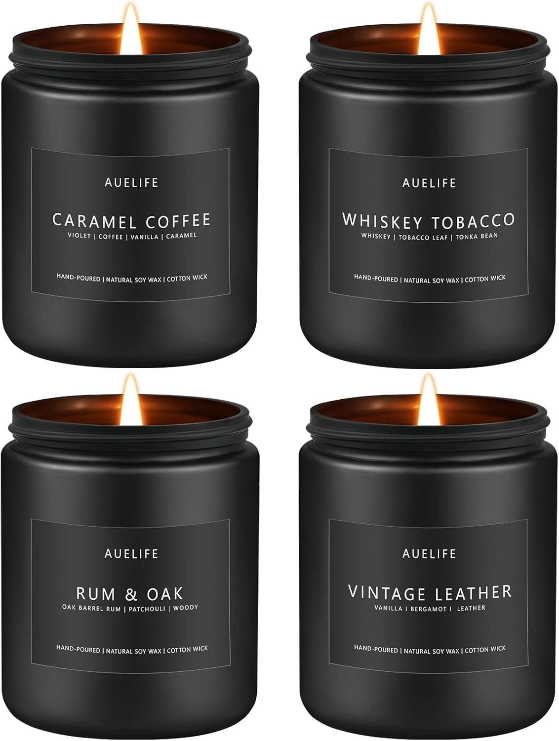 Scented Candles Set | Gifts for Men - 4Pack Candle Set - Masculine Candle, Soy Candles for Home Scented, Aromatherapy Candle Scents of Caramel Coffee/Whiskey Tobacco/Rum & Oak/Vintage Leather