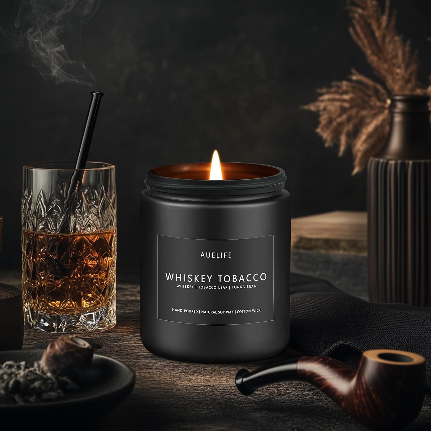 Whiskey Tobacco Candle | Masculine Candle - Candles for Men, Soy Candles for Home Scented, Manly Scented Candle for Home - Gifts for Men, 7oz Black Jar Candle - Aromatherapy Candle for Bedroom