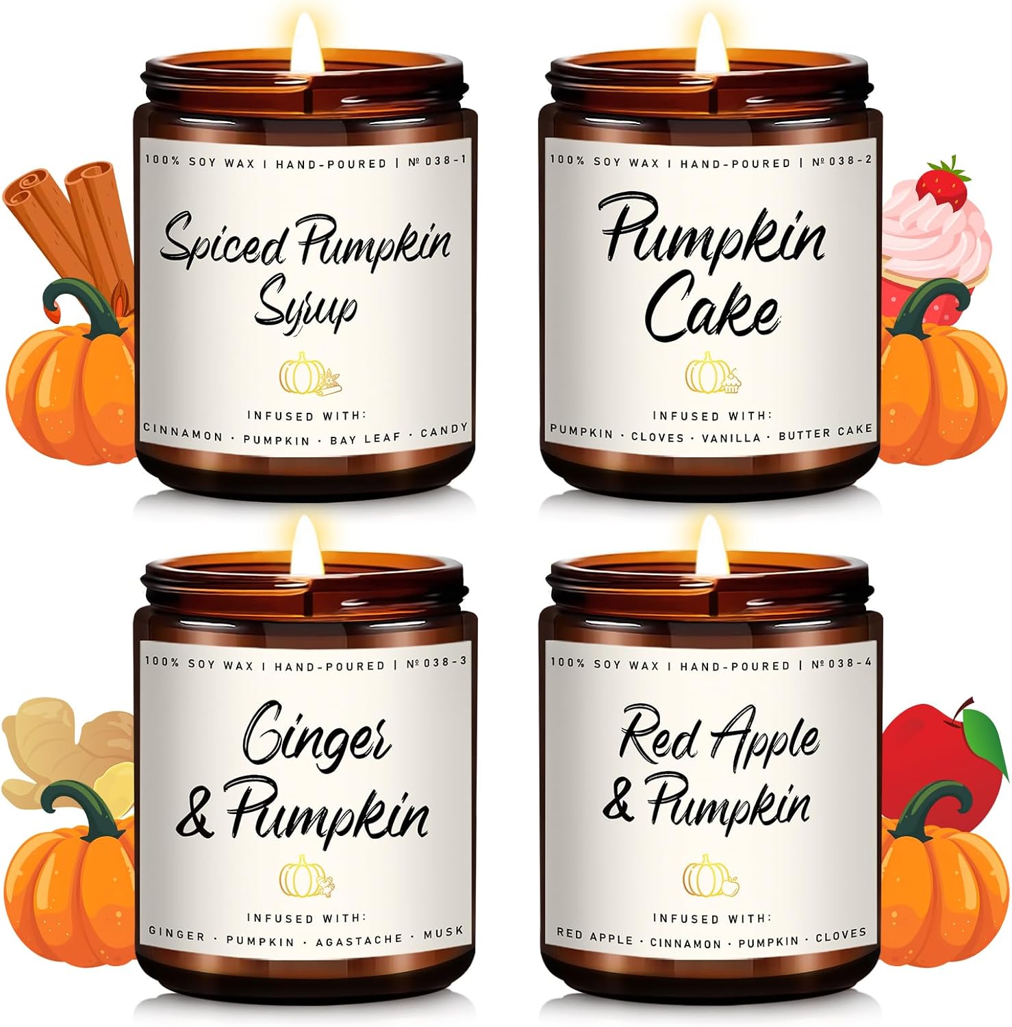 Pumpkin Candle Set | 4 Pack Scented Candles for Home - Candle Gifts for Women Men, Soy Candles | Jar Candle Scents of - Cake/Red Apple/Syrup/Ginger