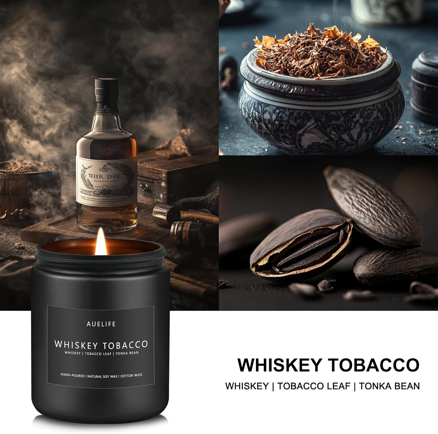 Whiskey Tobacco Candle | Masculine Candle - Candles for Men, Soy Candles for Home Scented, Manly Scented Candle for Home - Gifts for Men, 7oz Black Jar Candle - Aromatherapy Candle for Bedroom