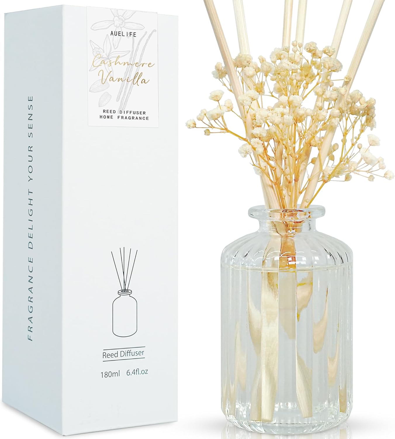 Auelife Reed Diffuser Set for Home, 6.4 oz Cashmere Vanilla Scented Diffuser with Sticks Preserved Real Flower Reed Diffuser Home Fragrance Essential Oil Reed Diffuser for Bathroom Shelf Decor