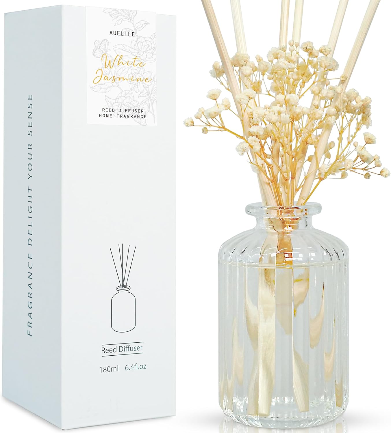 Auelife Reed Diffuser Set, 6.4 oz White Jasmine Scented Diffuser with Sticks Preserved Real Flower Reed Diffuser Home Fragrance Essential Oil Reed Diffuser for Bathroom Shelf Decor