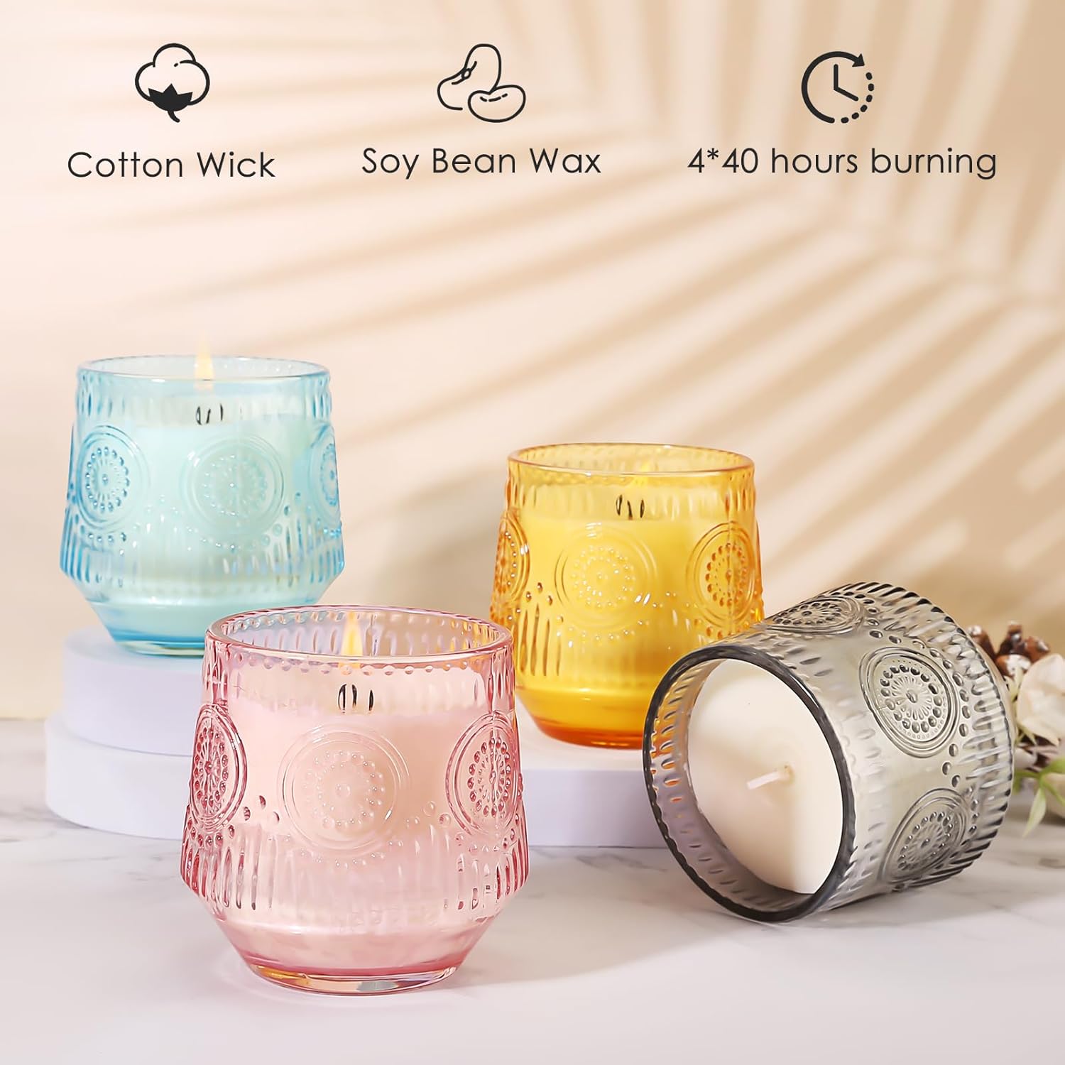 4 Pack Scented Candle Sets | Scented Candle for Home, Soy Candles for Home Scented, Candle Gifts for Women - Luxury Glass Jar Candle - Vanilla Coconut/Eucalyptus Sage/Rose&Oud/Sandalwood Patchouli