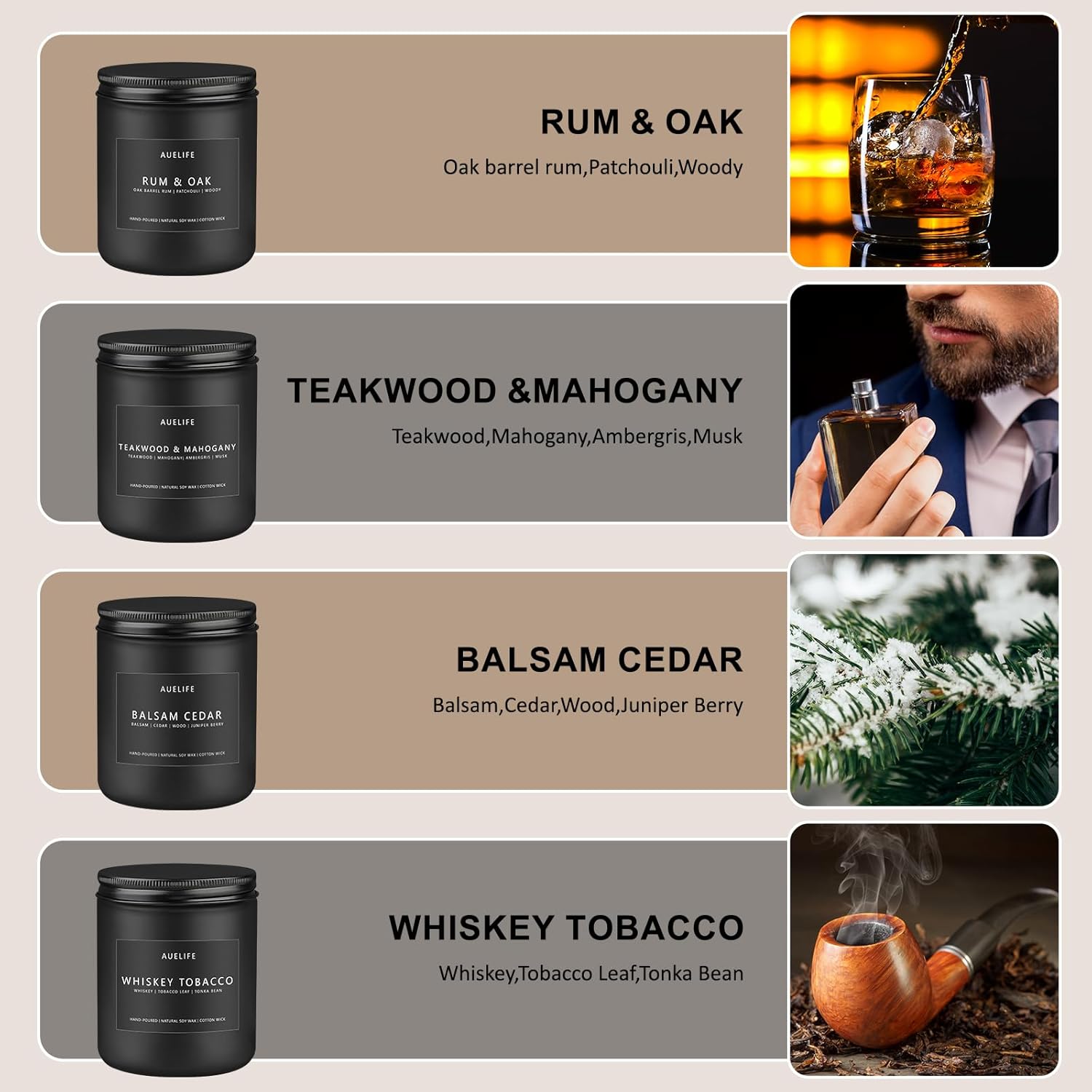 Scented Candles Set | Candles Gifts for Men - Masculine Candle, Soy Candles for Home Scented - Aromatherapy Candle, 4 Pack Candle Scents of Teakwood & Mahogany/Whiskey Tobacco/Rum & Oak/Cedar