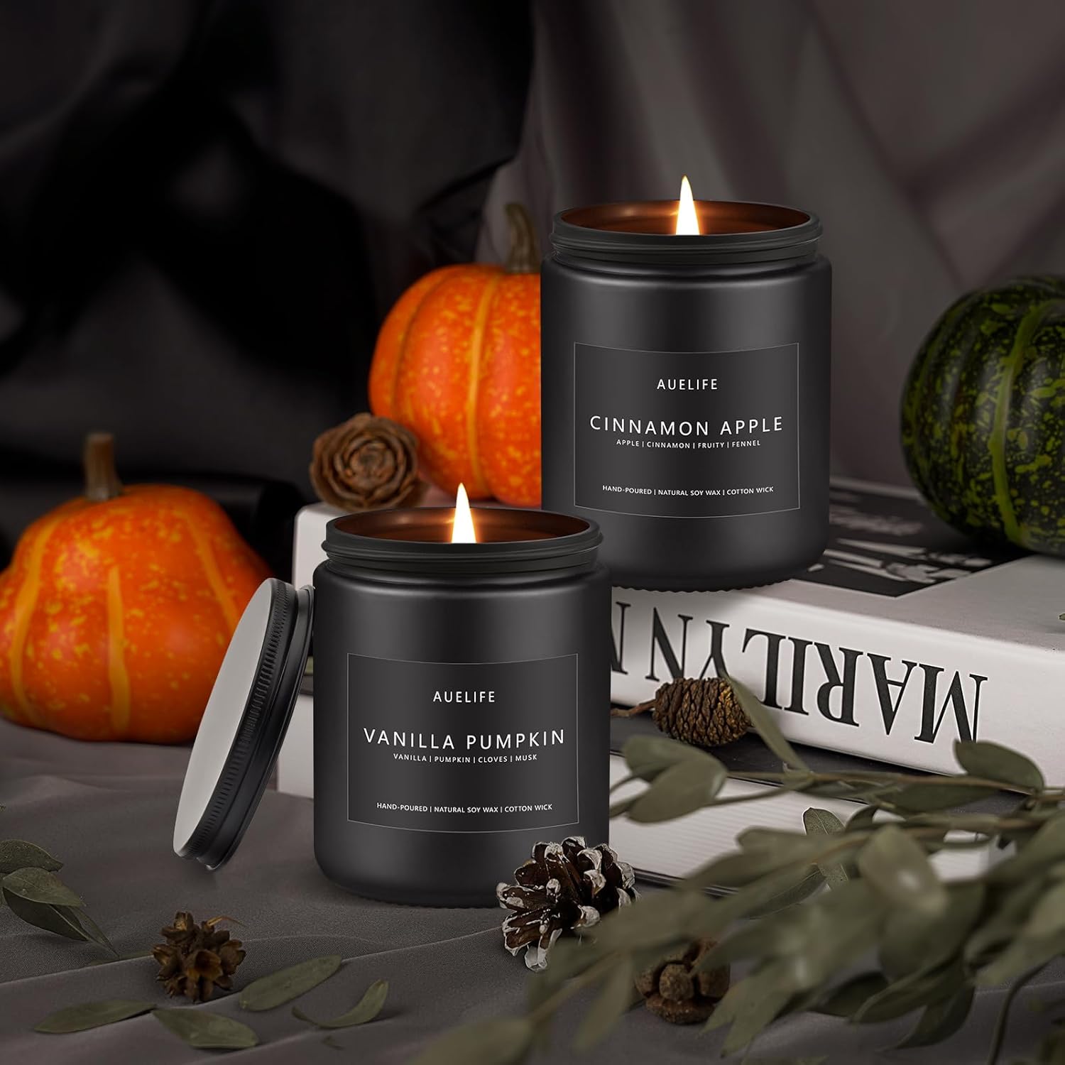 2 Pack Fall Candles | Vanilla Pumpkin Candle + Cinnamon Apple Candle - Scented Candles for Fall, Fall Soy Candles - Autumn Candles for Home, Fall Gifts - 7oz Black Jar Candles