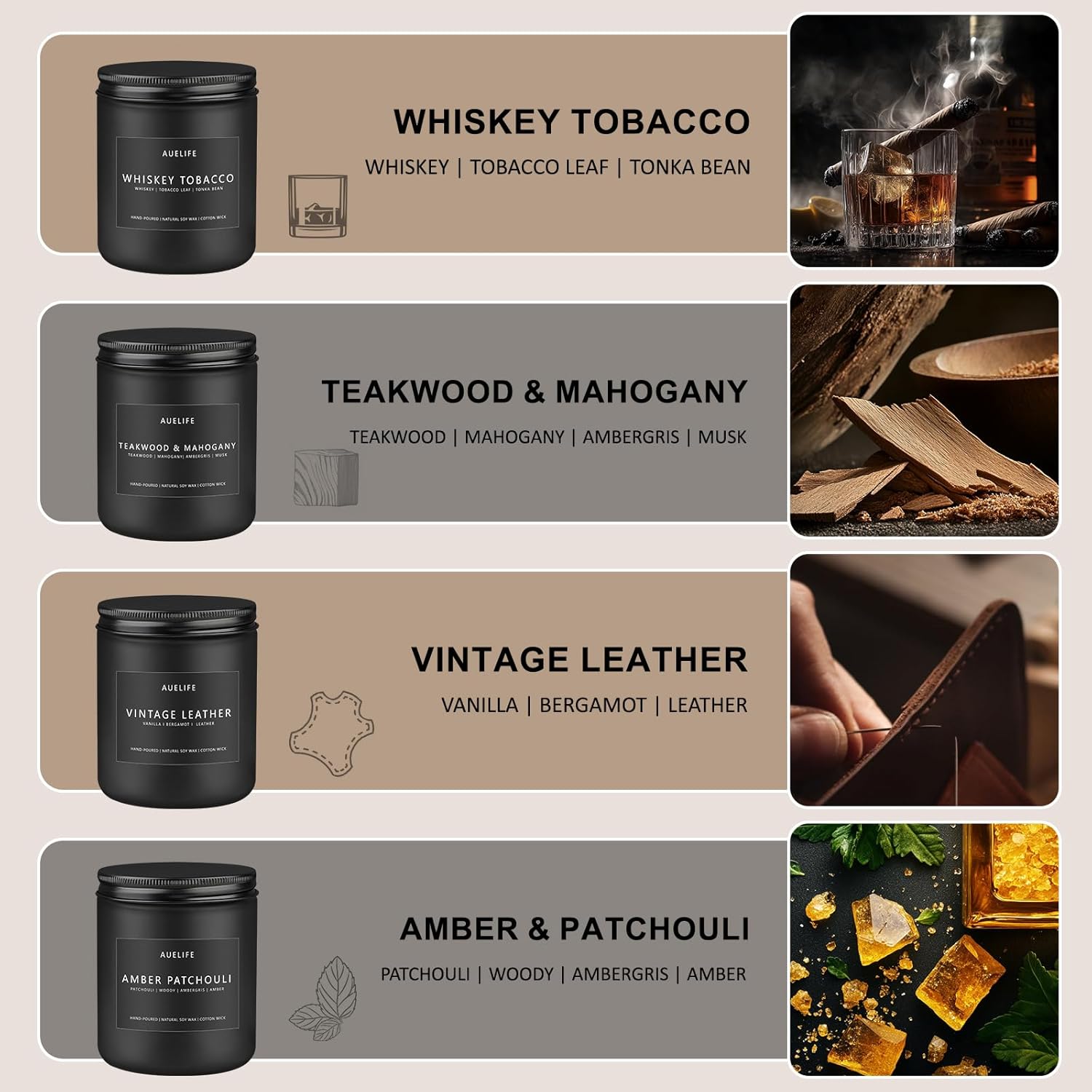 Scented Candles Set | Gifts for Men - 4Pack Candle Set - Masculine Candle, Soy Candles for Home Scented, Aromatherapy Candle Scents of Whiskey Tobacco/Mahogany/Amber Patchouli/Vintage Leather