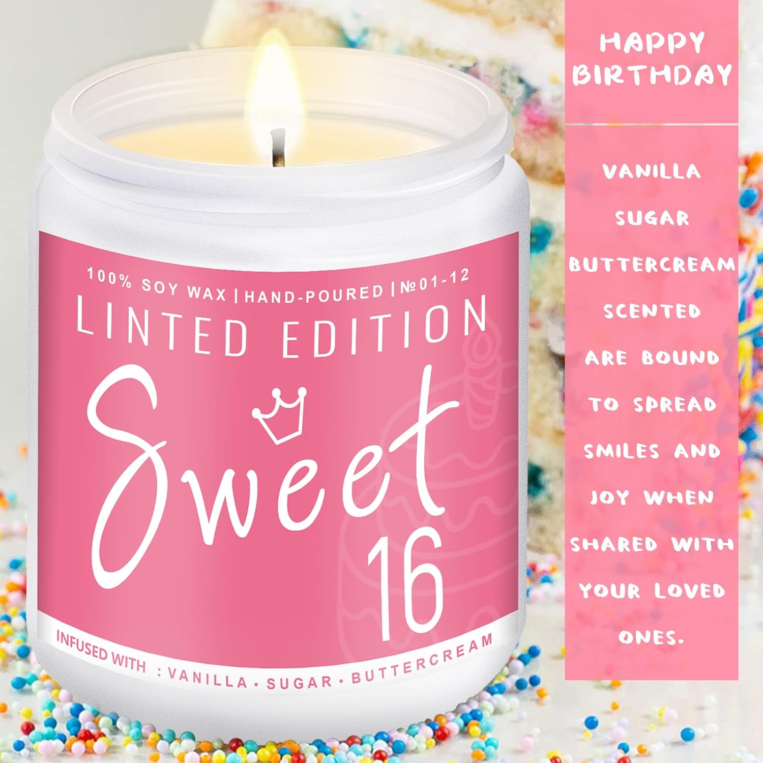 Sweet 16 Birthday Gifts for Girls, Best 16th Birthday Gift Ideas, Perfect Birthday Present, Funny Birthday Presents for Daughter, Friends, Sister, 7oz Vanilla Cream-Scented Candle