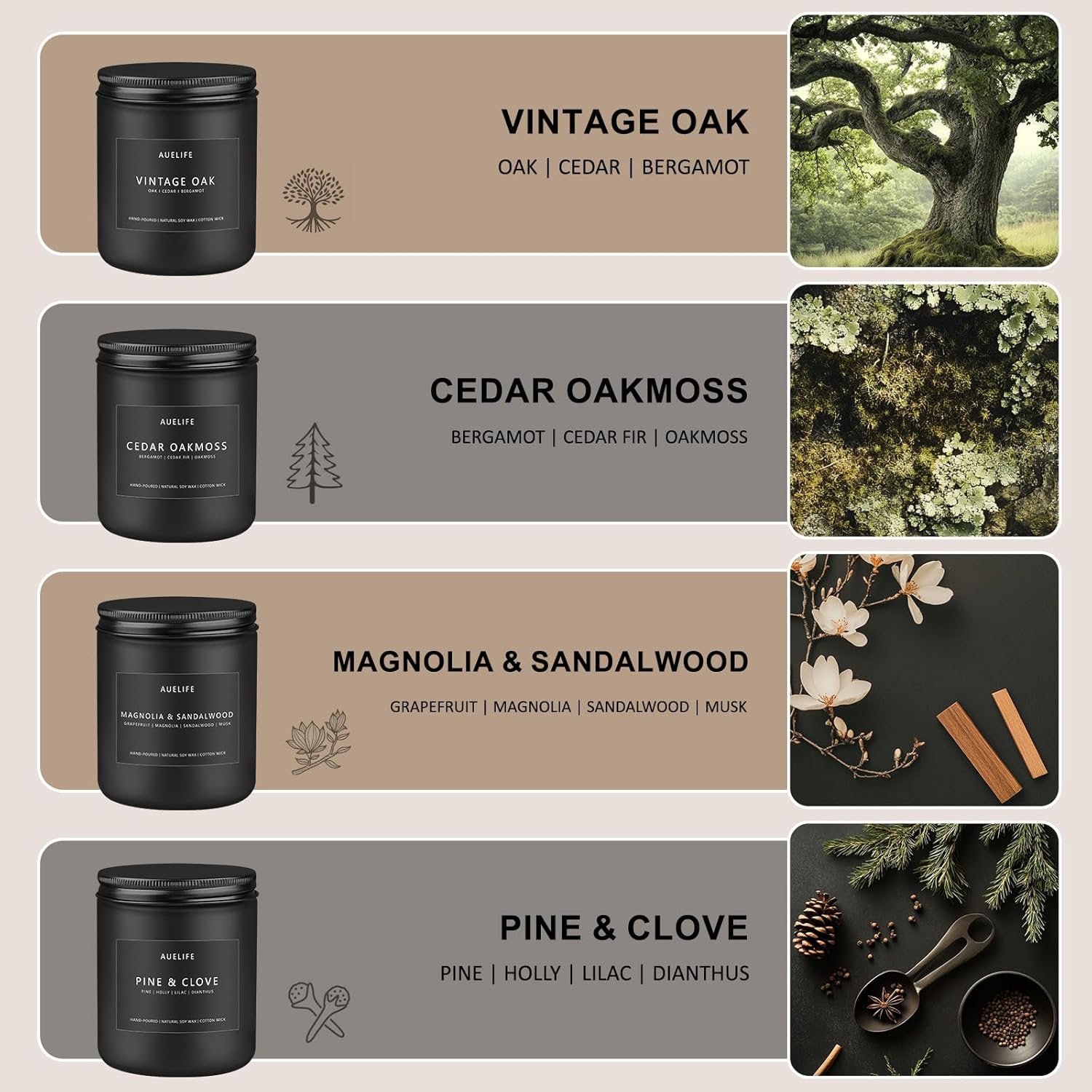 Scented Candles Set | Candle Gifts for Men - Soy Candles for Home Scented, Masculine Candle - 4 Pack Aromatherapy Candle Scents of Vintage Oak/Magnolia & Sandalwood/Cedar Oakmoss/Pine & Clove