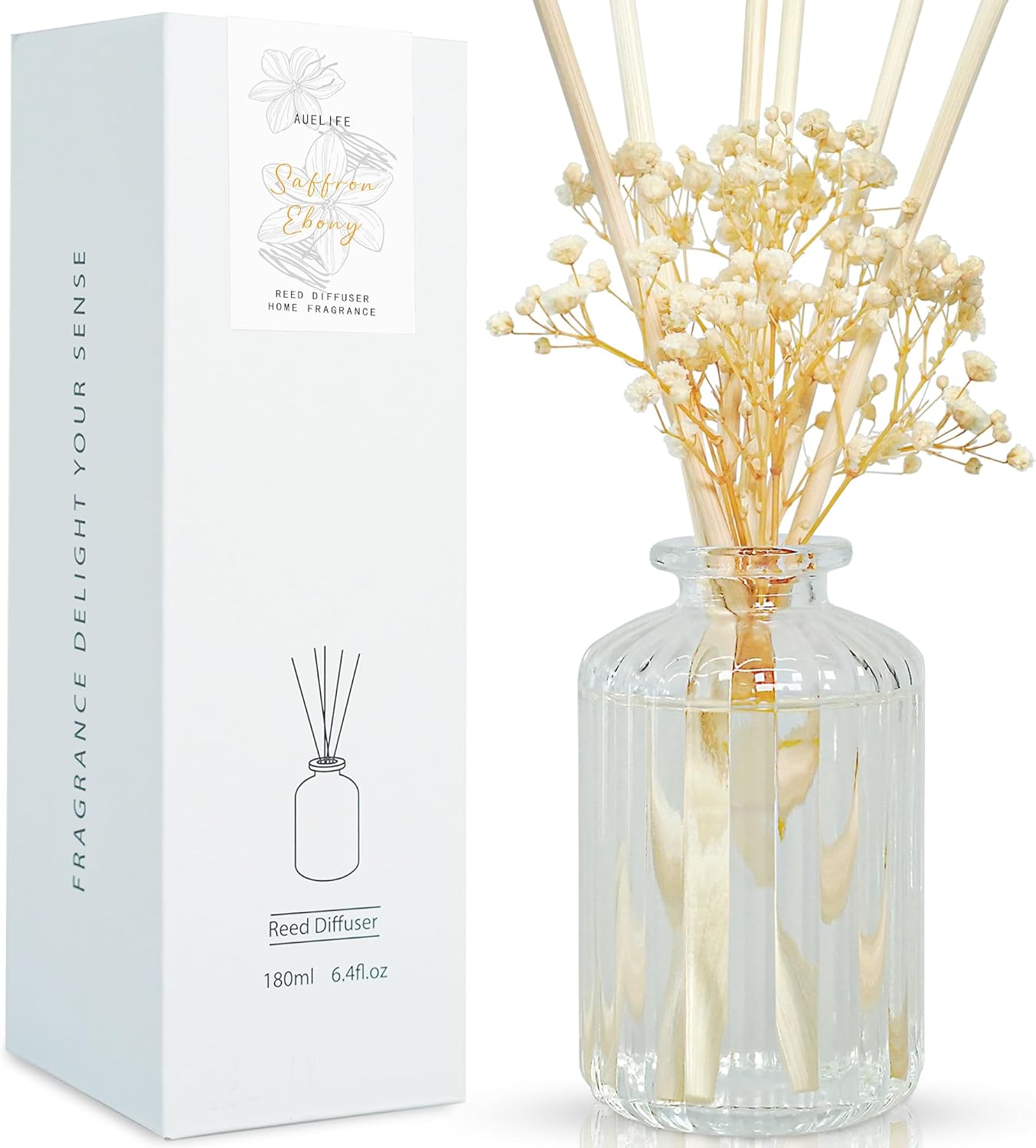 Auelife Reed Diffuser Set - 6.4 oz Saffron Ebony Scented Diffuser with Sticks Preserved Real Flower Reed Diffuser Home Fragrance Essential Oil Reed Diffuser for Bedroom Bathroom Shelf Decor