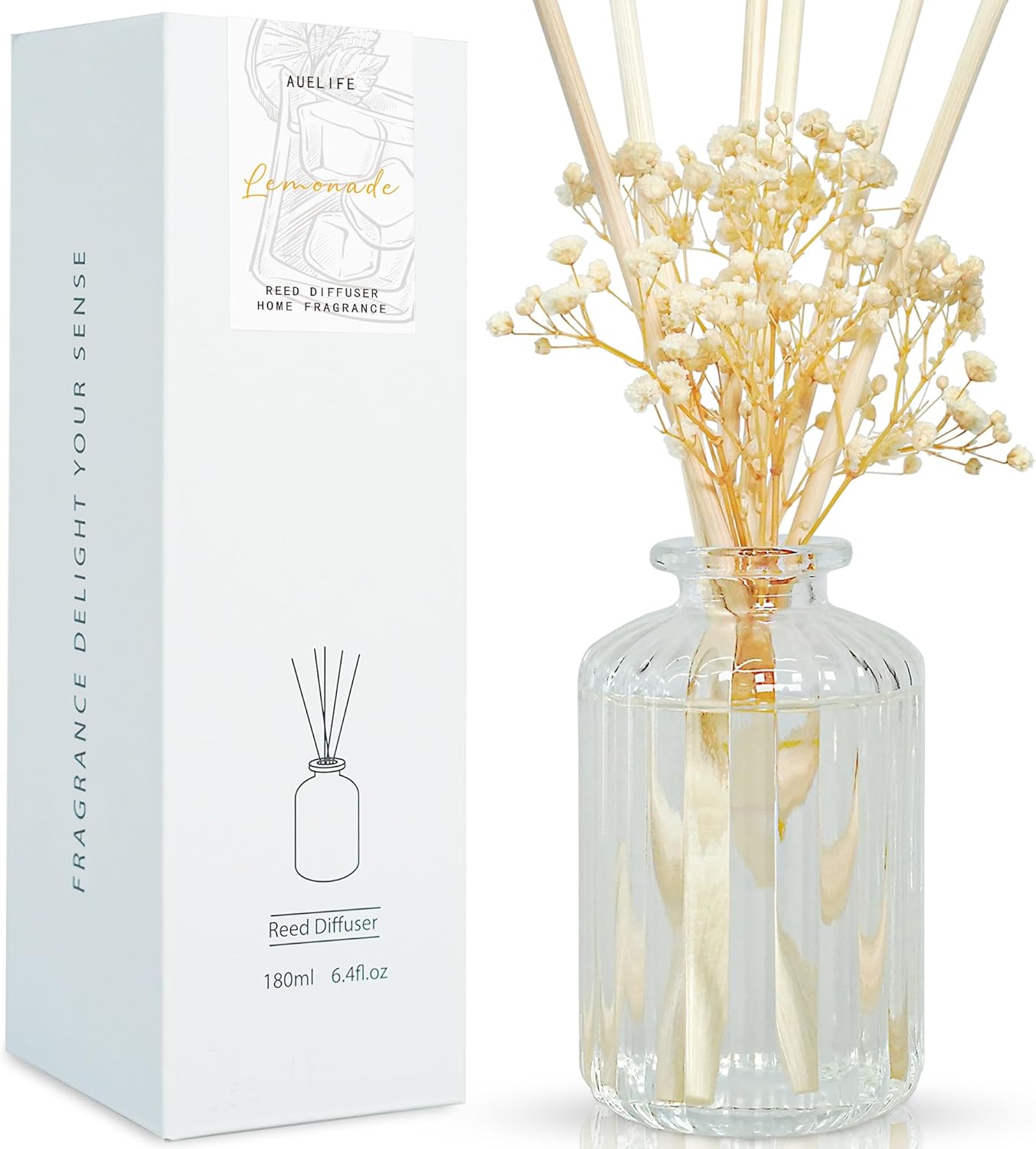 Auelife Reed Diffuser Set, 6.4 oz Lemonade Scented Diffuser with Sticks Preserved Real Flower Reed Diffuser Home Fragrance Essential Oil Reed Diffuser for Bathroom Shelf Decor