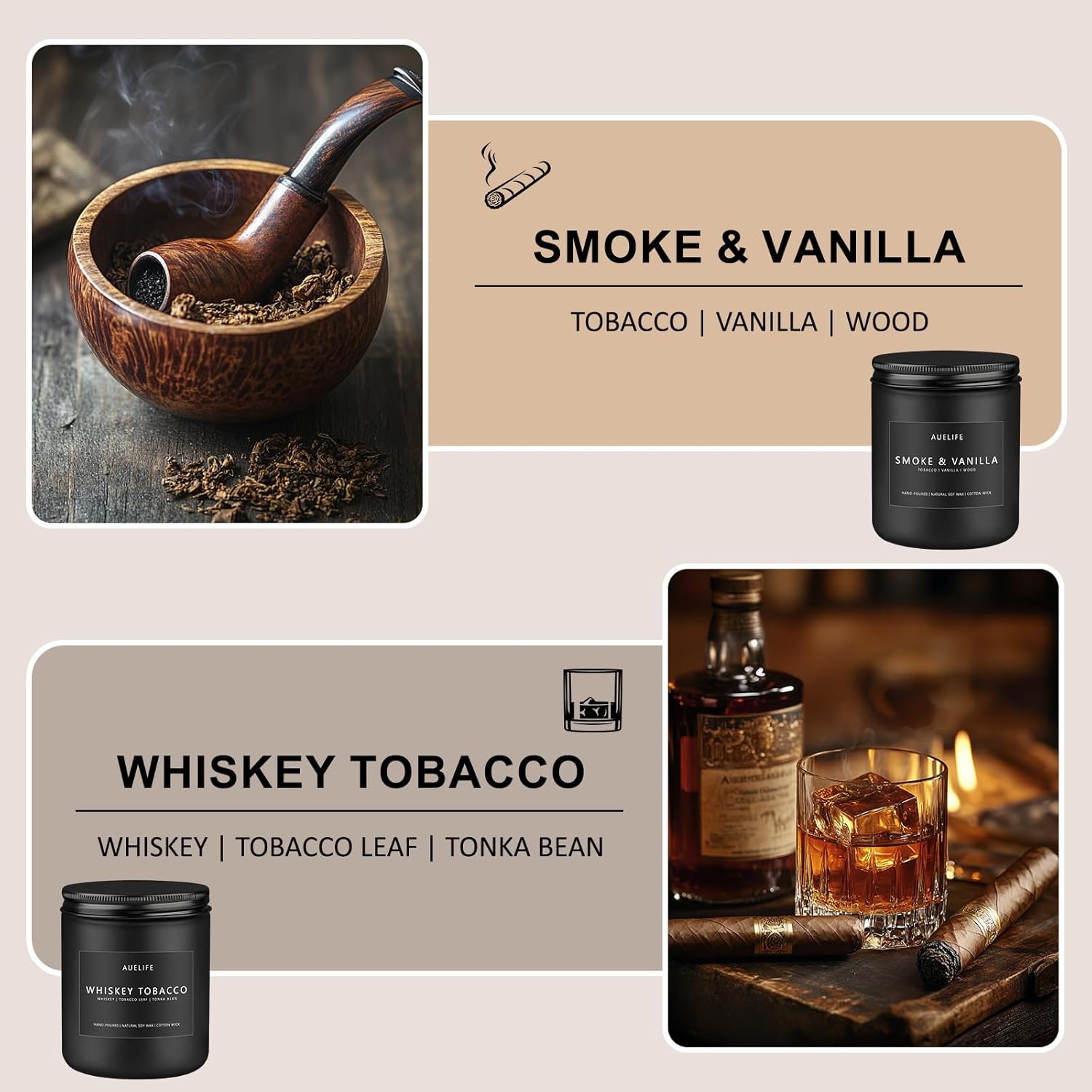 2 Pack Candle | Smoke & Vanilla + Whiskey Tobacco - Candles for Men - Masculine Candle, Soy Candle for Home Scented - Gifts for Men, Home Fragrance Decoration - Each of 7oz Candle