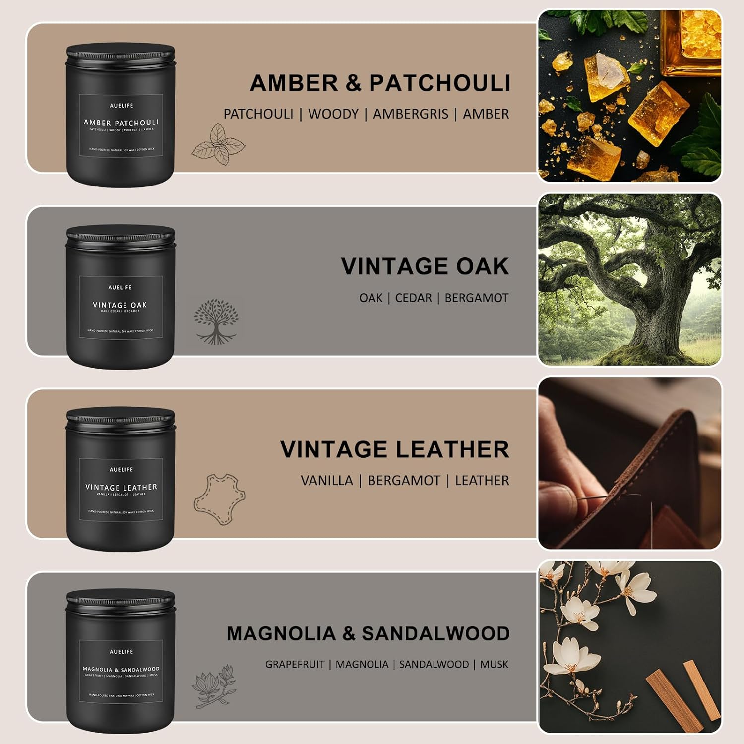 Scented Candles Set | Candles for Men, Candles for Home Scented, Gifts for Men - Mens Candle Gifts, 4 Pack Soy Candles Scents of Vintage Leather/Vintage Oak/Amber Patchouli/Magnolia & Sandalwood