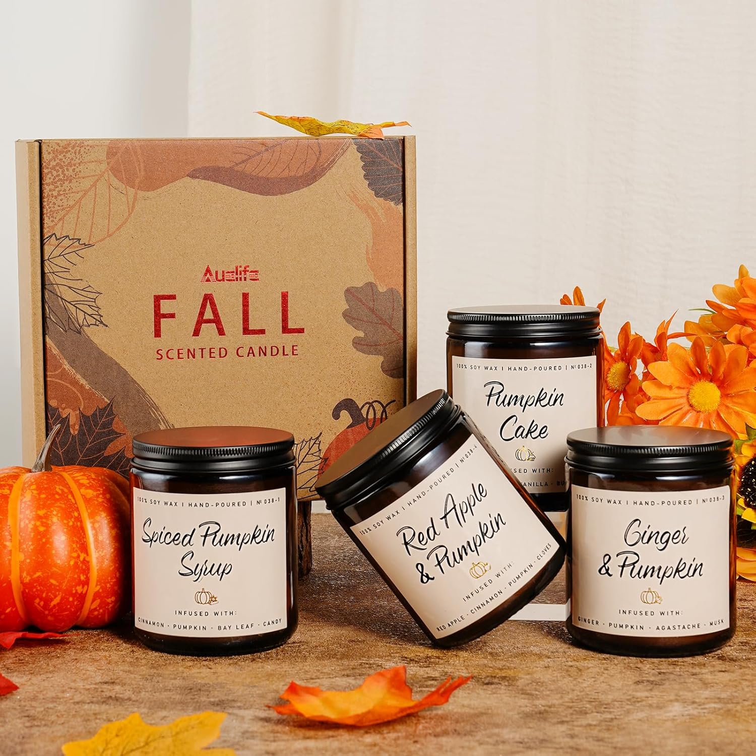 Pumpkin Candle Set | 4 Pack Scented Candles for Home - Candle Gifts for Women Men, Soy Candles | Jar Candle Scents of - Cake/Red Apple/Syrup/Ginger