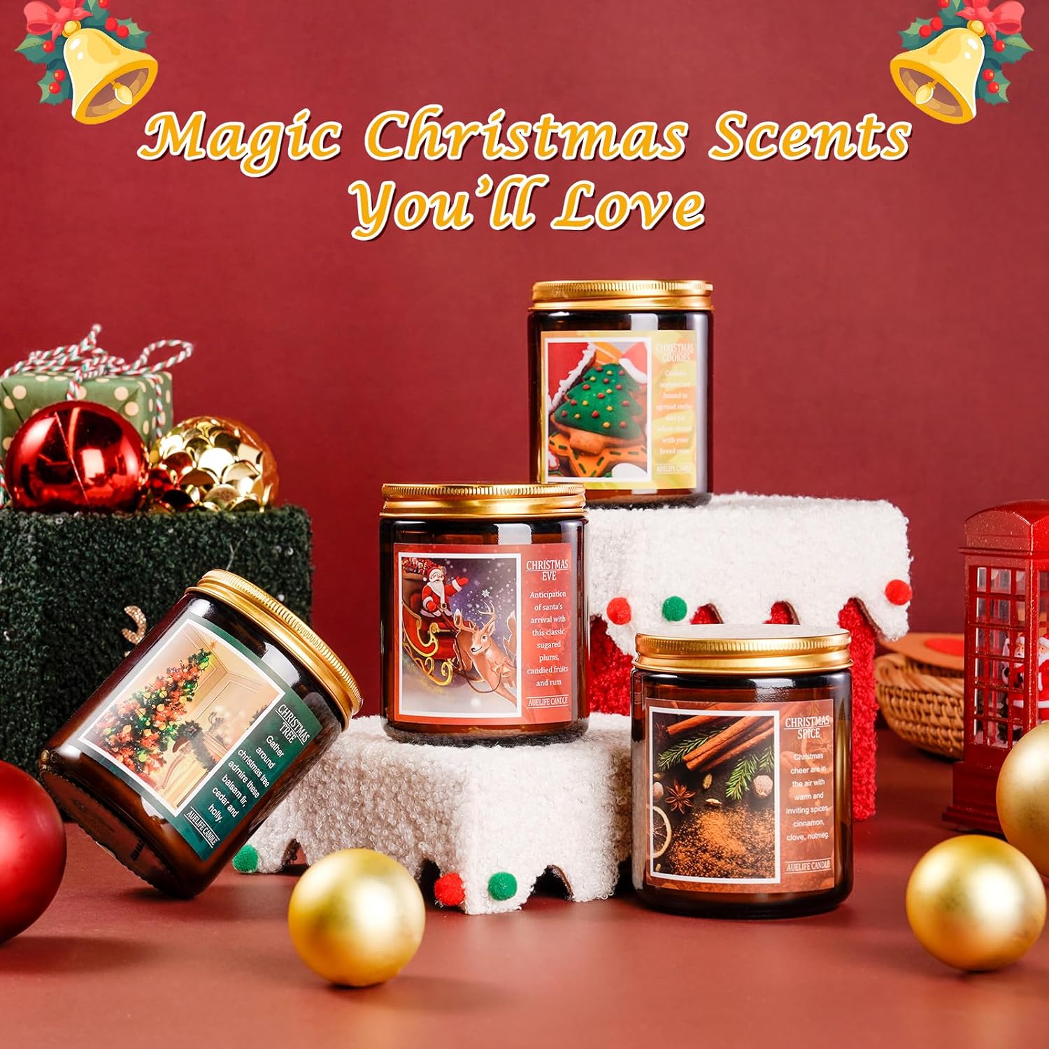 Christmas Candle Set | 4Pack Christmas Scented Candle Holiday Candle Gifts - Soy Candles Home Scented, Christmas Gift for Women and Men - Christmas Scents of Christmas Tree/Spice/Cookies/EVE