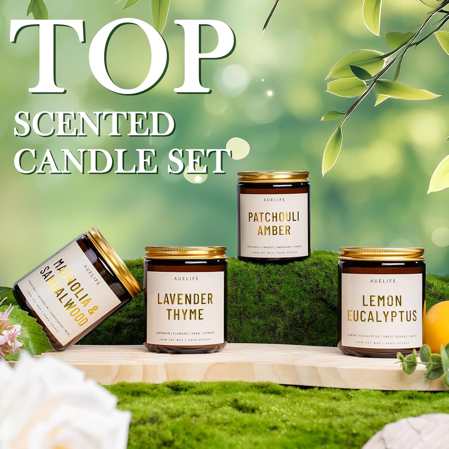 4 Pack Scented Candles Set | Scented Candles for Home, Candle Gifts for Women Men, Soy Candles for Home Scented - Candles Scent of Amber Patchouli/Lemon Eucalyptus/Lavender Thyme/Sandalwood