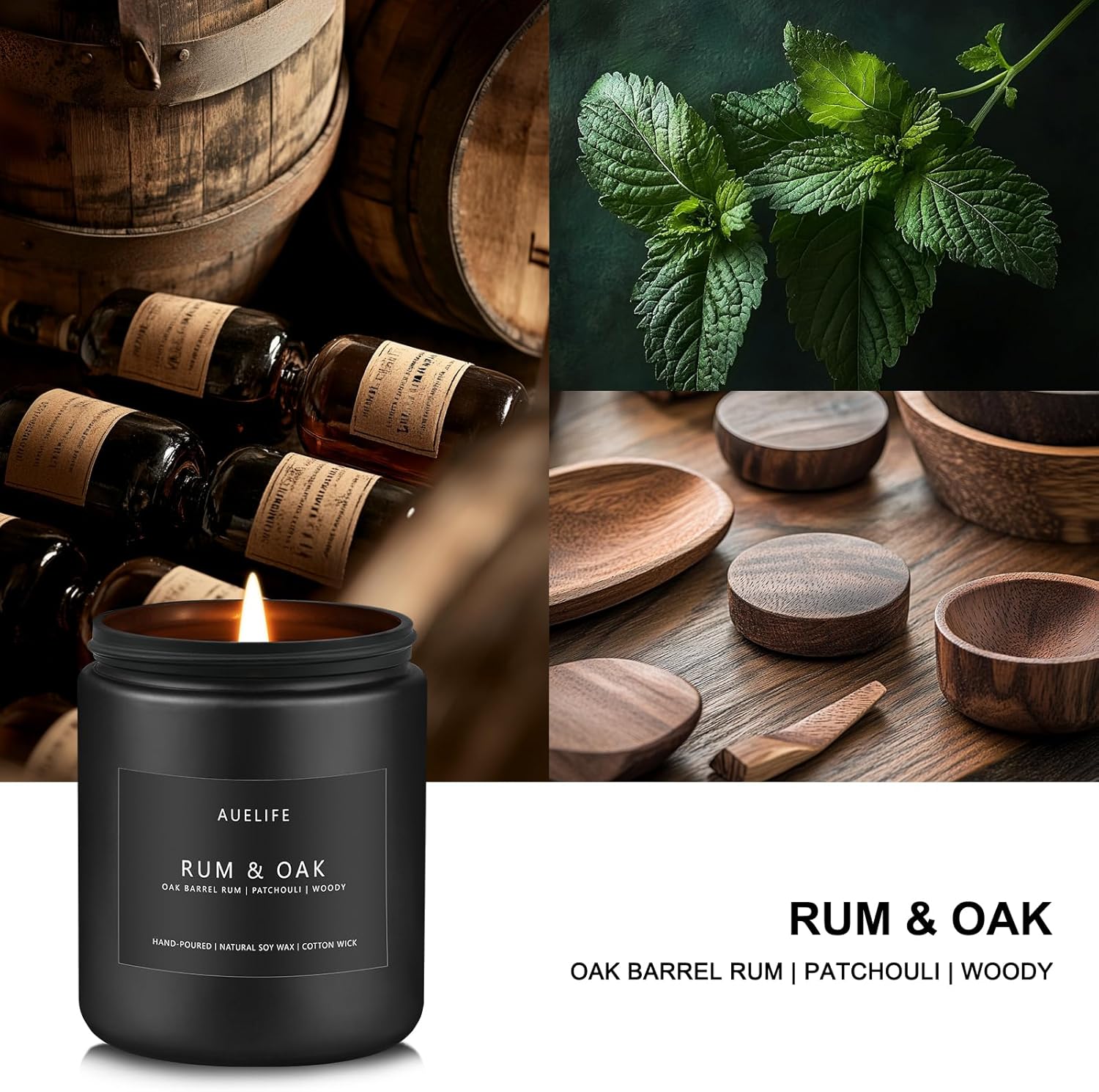 Rum & Oak Candle | Candles for Men, Candle Gifts for Men - Masculine Candle - Soy Candle for Home Scented - Scented Candle for Home, Aromatherapy Candle for Bedroom - 7oz Black Jar Candles