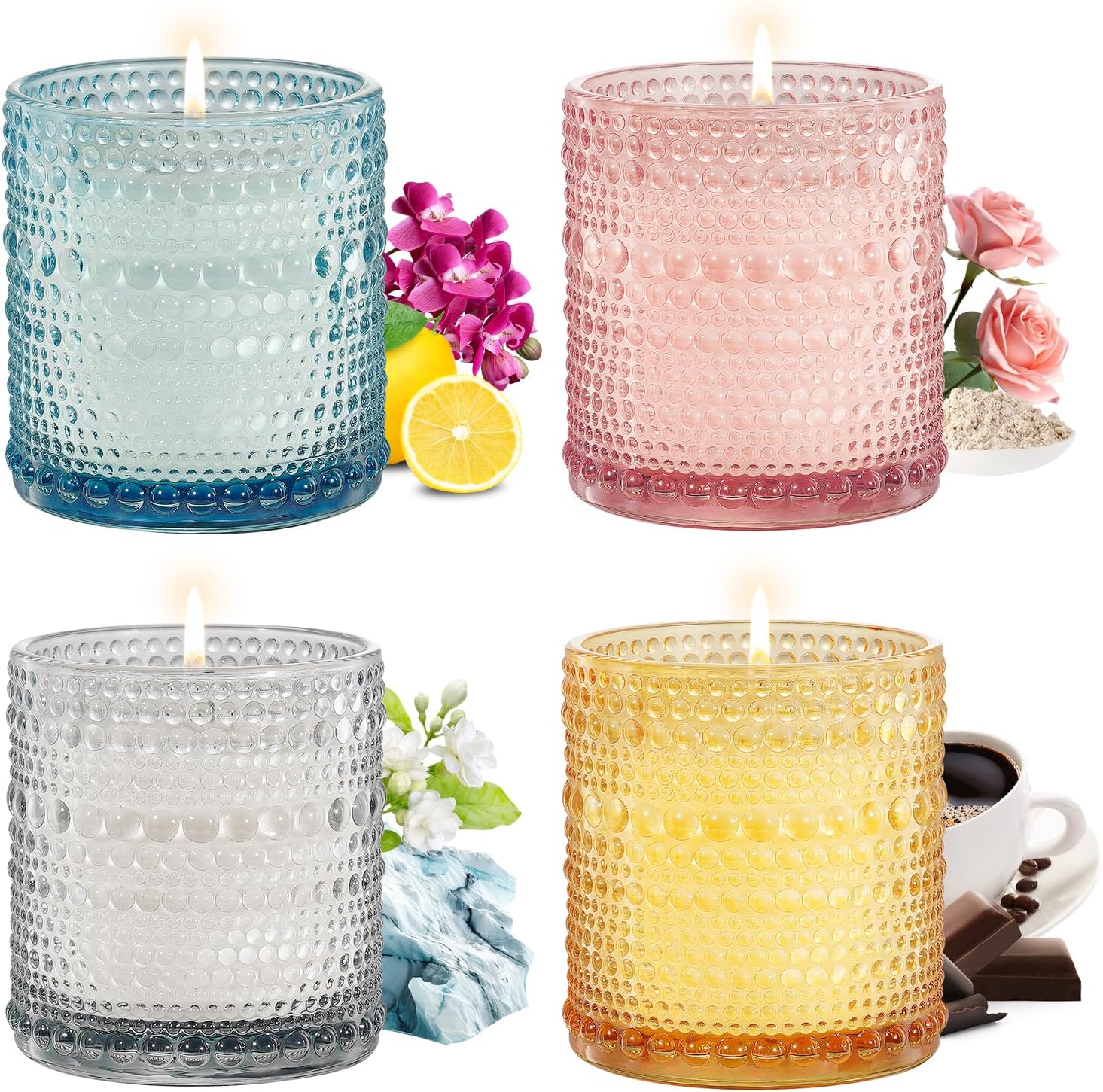 4 Pack Scented Candle Sets | Scented Candles for Home, Soy Candles for Home Scented, Candle Gifts for Women - Luxury Glass Jar Candle - Bulgarian Rose/Hot Cocoa/Glacier & Ocean/Phalaenopsis