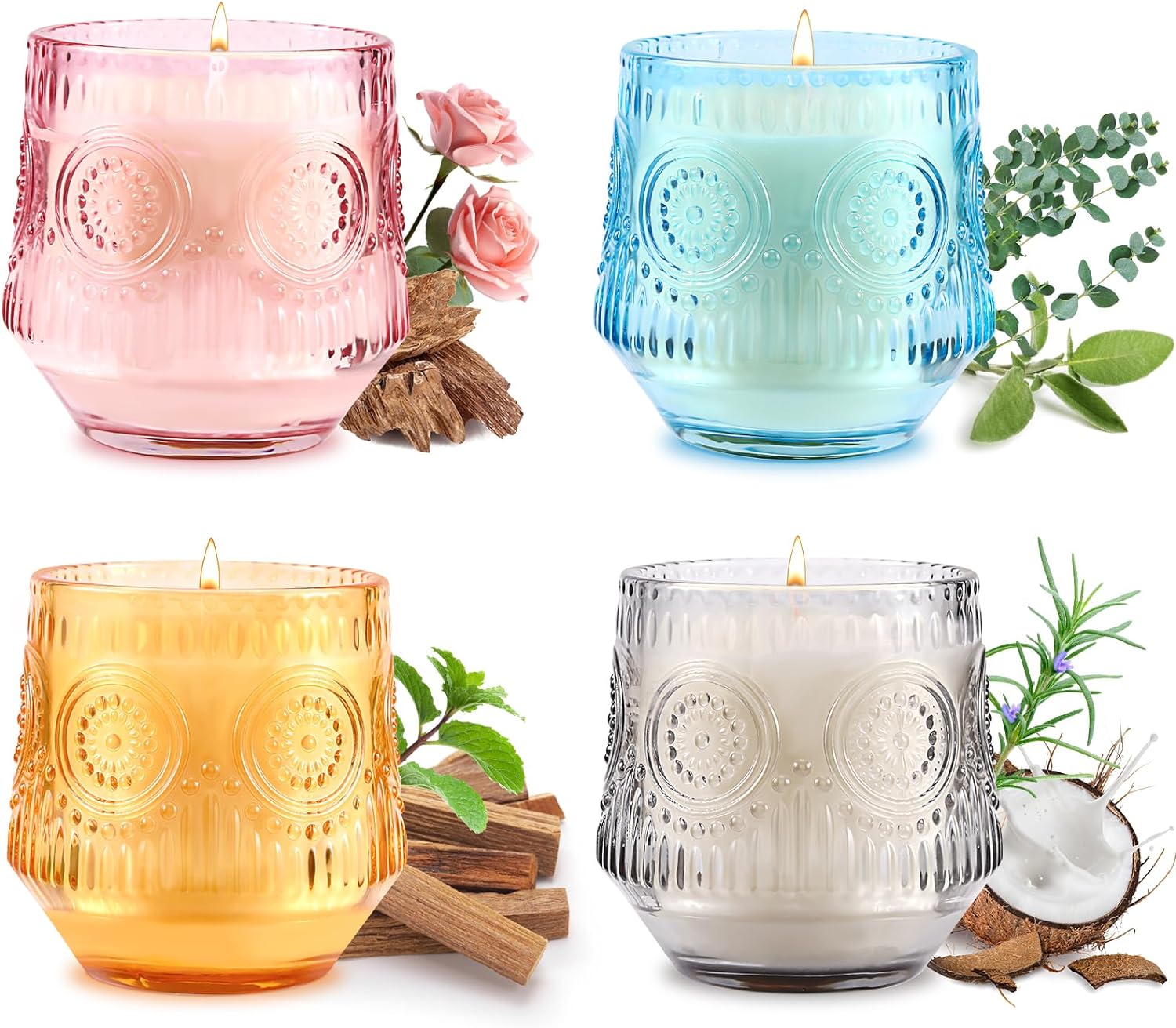 4 Pack Scented Candle Sets | Scented Candle for Home, Soy Candles for Home Scented, Candle Gifts for Women - Luxury Glass Jar Candle - Vanilla Coconut/Eucalyptus Sage/Rose&Oud/Sandalwood Patchouli