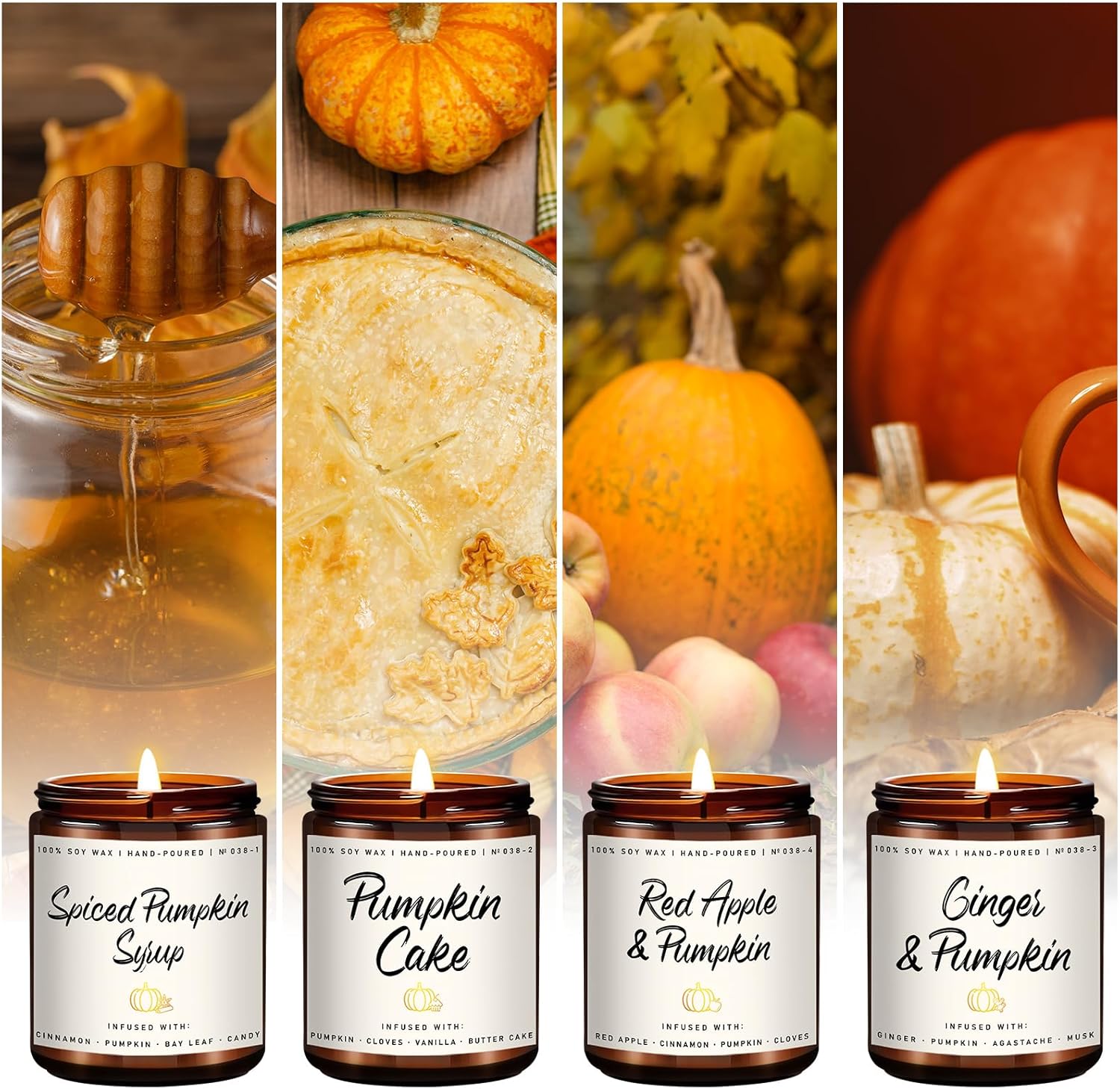 Pumpkin Candle Set | 4 Pack Scented Candles for Home - Candle Gifts for Women Men, Soy Candles | Jar Candle Scents of - Cake/Red Apple/Syrup/Ginger