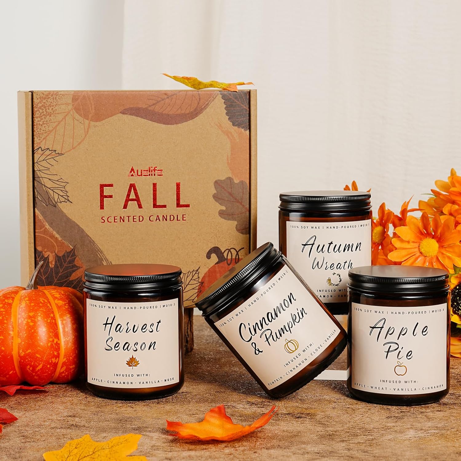 Fall Candle Set | 4 Pack Scented Candles for Home - Candle Gifts for Women Men, Soy Candles Home Scented | Autumn Candle Scents of - Apple Pie/Cinnamon/Harvest/Wreath