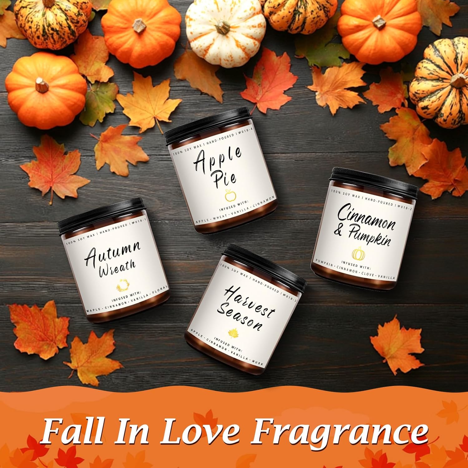 Fall Candle Set | 4 Pack Scented Candles for Home - Candle Gifts for Women Men, Soy Candles Home Scented | Autumn Candle Scents of - Apple Pie/Cinnamon/Harvest/Wreath