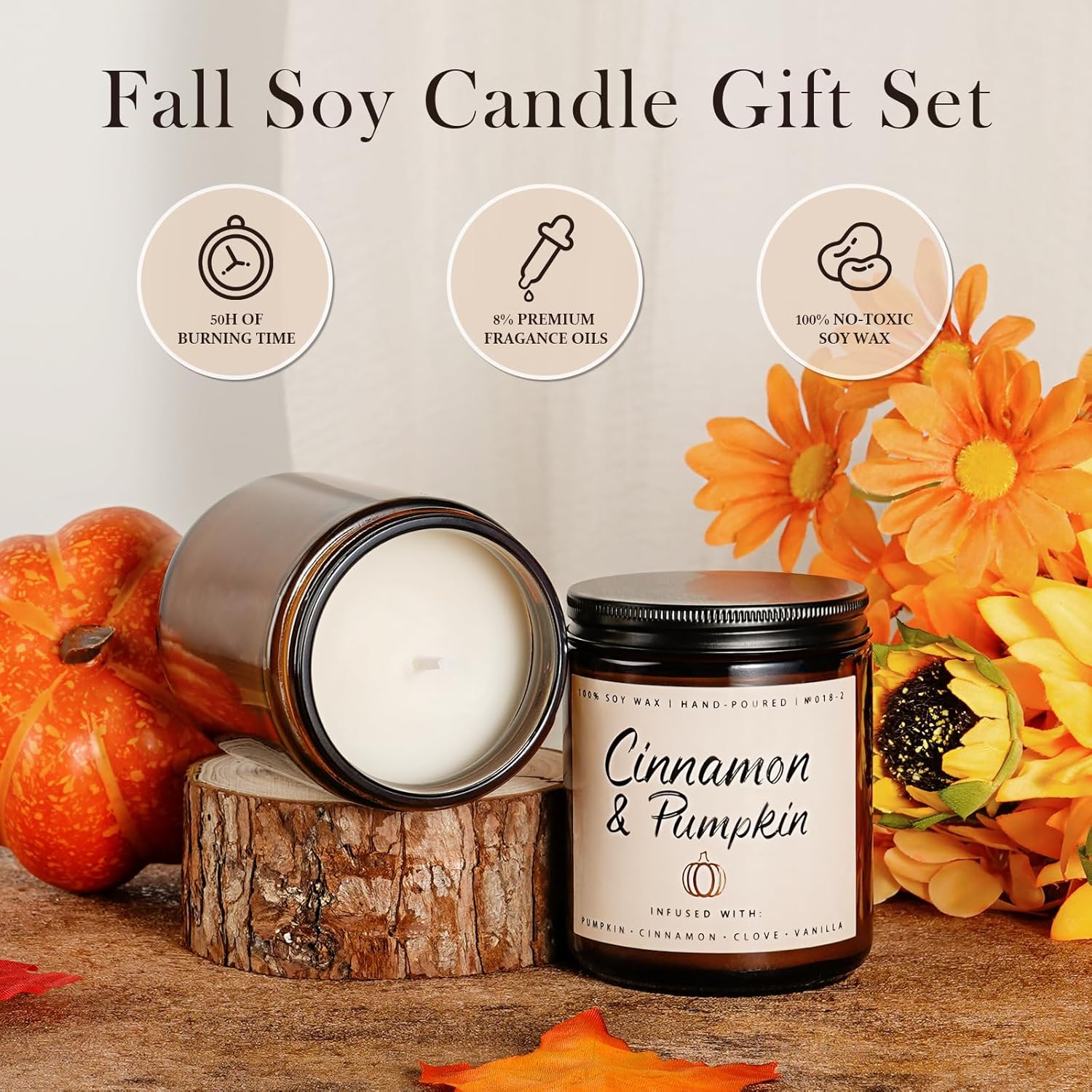 Fall Winter Candle | Cinnamon & Pumpkin Scented Candle, Christmas Gifts, Holiday Gifts for Celebration, Fall Holiday Soy Candles - 7 oz Aromatherapy Jar Candles, Christmas Candle Gift for Women Men