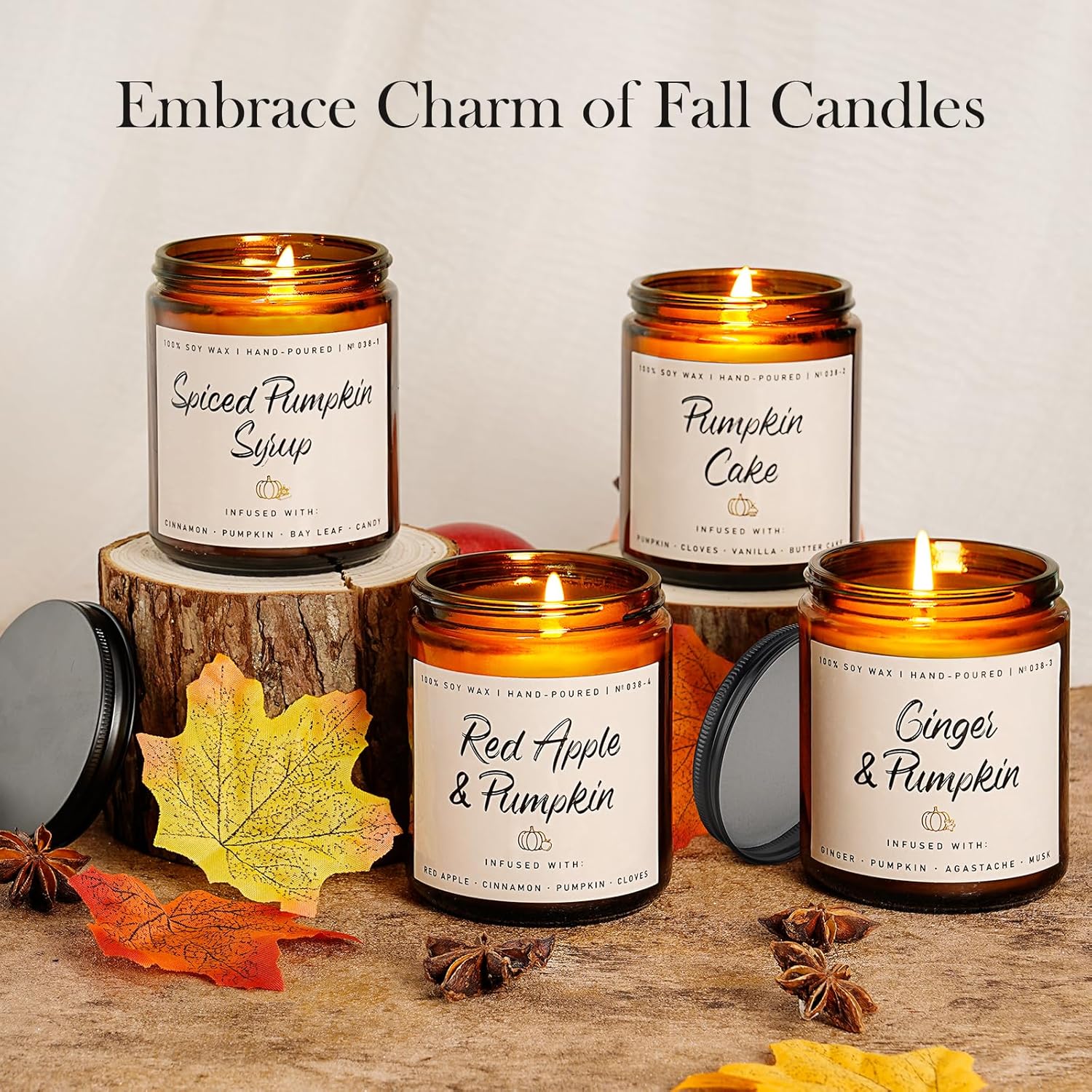 Pumpkin Candle Set | 4 Pack Scented Candles for Home - Candle Gifts for Women Men, Soy Candles | Jar Candle Scents of - Cake/Red Apple/Syrup/Ginger